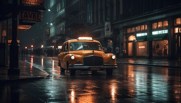 Gele taxi's razen door de straten van de stad in de schemering gegenereerd door AI