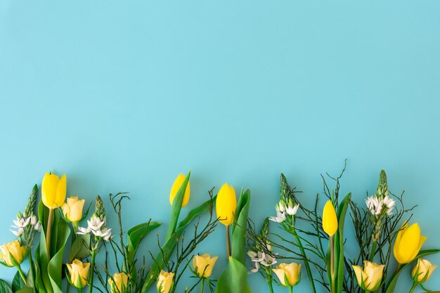 Gele tulpen op een blauwe achtergrond plat gelegd
