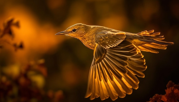 Gele vogel zitstokken op tak bij zonsondergang gegenereerd door AI