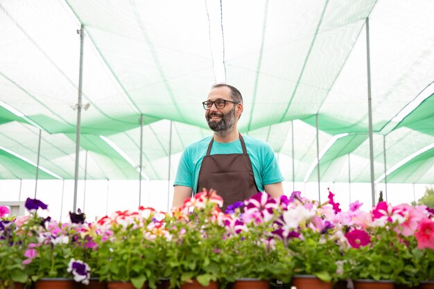 Gelukkig mannelijke tuinman permanent in de buurt van petunia planten in de tuin en wegkijken