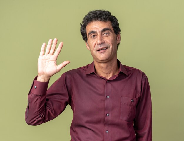 Gelukkig senior man in paars shirt kijken camera glimlachend vriendelijk zwaaiend met de hand over groene achtergrond