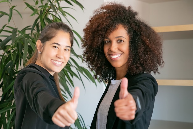 Gratis foto gelukkig vrouwelijke beambten beduimelen omhoog en glimlachen. twee vrolijke professionele vrouwelijke ondernemers staan samen en poseren in de vergaderzaal. teamwork, zaken, succes en samenwerking concept