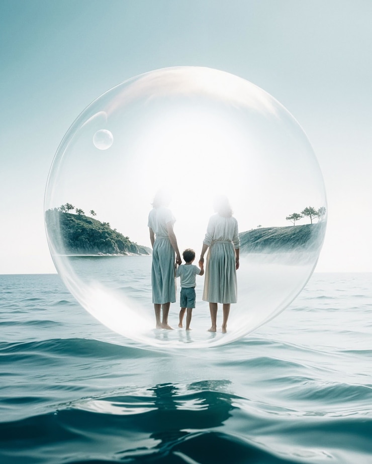 Gratis Foto gelukkige familie in een bubbel boven de zee.