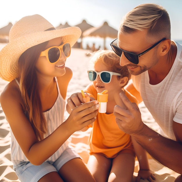 Gelukkige familie met zonnebrandcrème op het strand op een zomerdag.