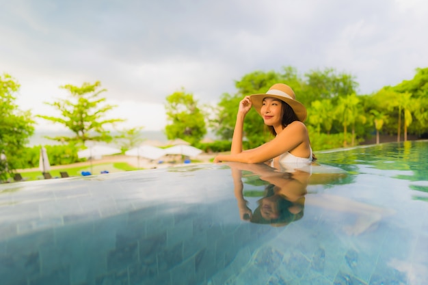 Gelukkige glimlach van portret ontspant de mooie jonge Aziatische vrouwen rond openlucht zwembad in hotel