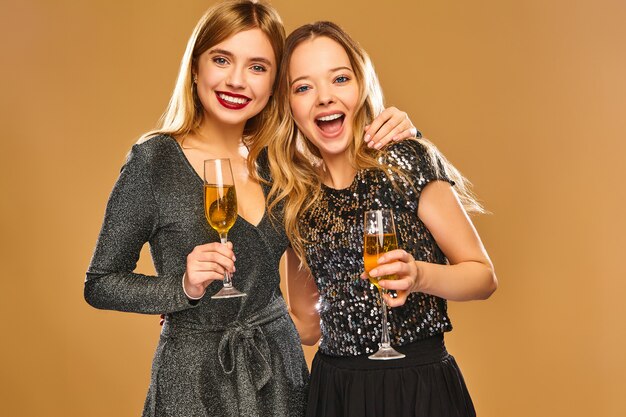 Gelukkige glimlachende vrouwen in stijlvolle glamoureuze jurken met champagneglazen