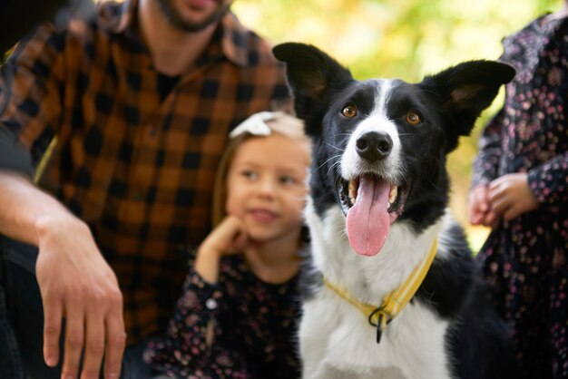 Gelukkige hond en familie op de achtergrond