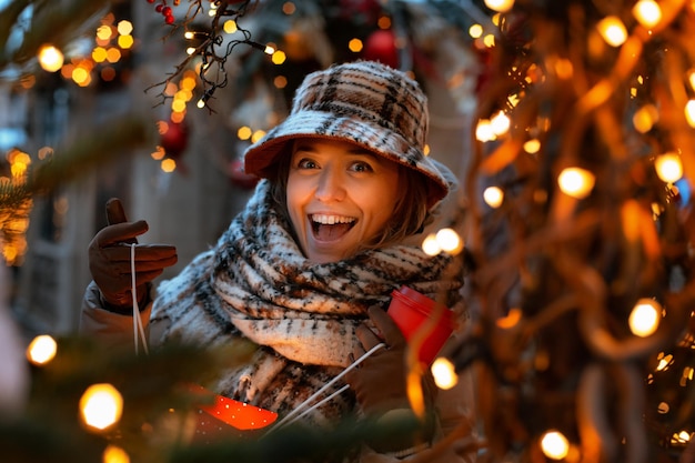 Gelukkige jonge modieuze vrouw met een hoed verheugt zich over een cadeau dat ze kocht op een kerstmarkt in een garl...