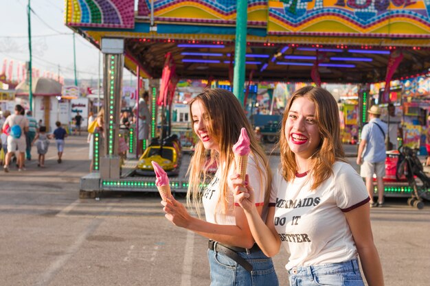 Gelukkige jonge vrienden in het pretpark