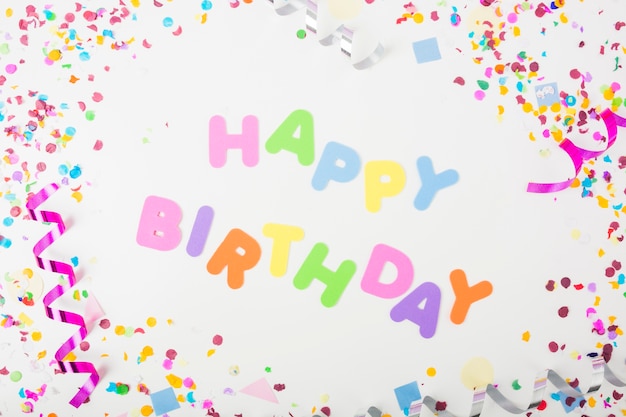 Gelukkige verjaardagstekst met confettien en krullende wimpels op witte achtergrond