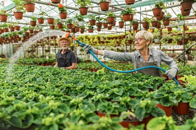 Gelukkige volwassen vrouw die bloem water geeft met tuinslang terwijl ze in de plantenkwekerij werkt