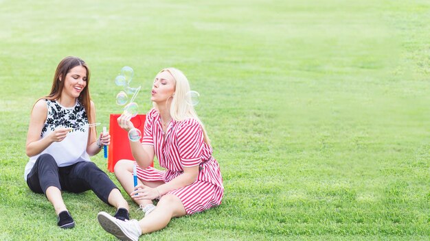 Gelukkige vrouwelijke vrienden die van blazende bellen in het park genieten