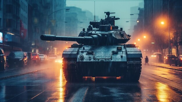 Generatieve AI een tank rijdt door een stadsstraat