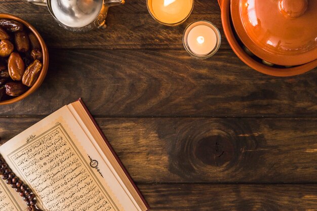 Geopende Koran dichtbij data en vlammende kaarsen