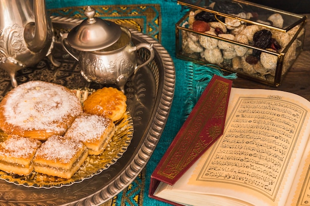 Geopende Koran dichtbij theeservies en snoepjes