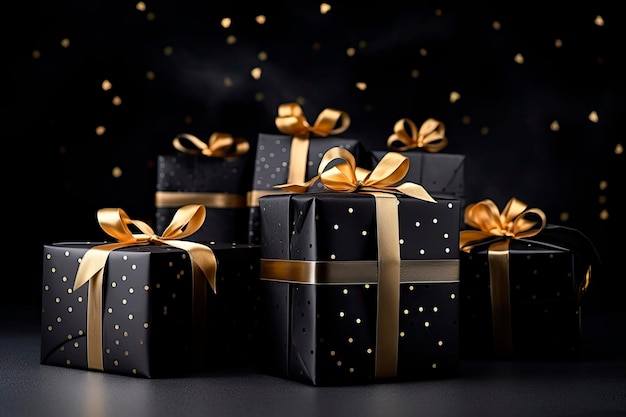 Gerangschikte geschenkdozen verpakt in zwart papier met zwart lint op zwarte achtergrond. Kerstconcept
