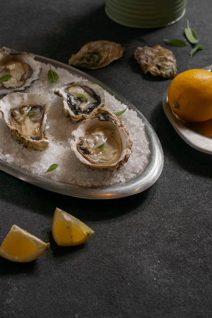 Gratis foto gerecht gemaakt van oesters met citrus en ijsblokjes