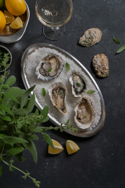 Gratis foto gerecht gemaakt van oesters met citrus en ijsblokjes