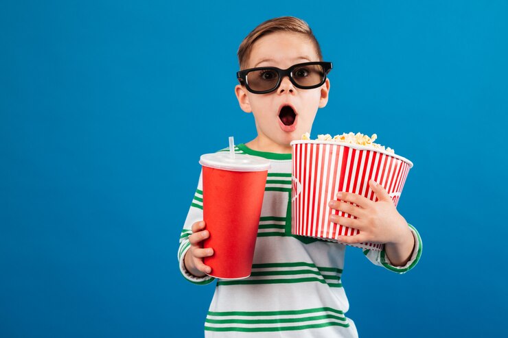 Geschokte jonge jongen die in oogglazen de film voorbereidingen treft te bekijken