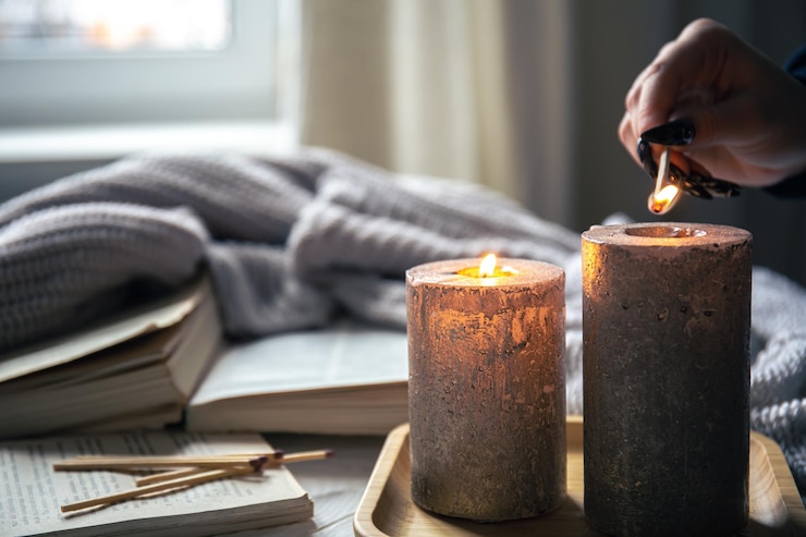 Gratis Foto gezellige huiscompositie met kaarsen op een onscherpe achtergrond