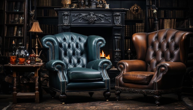 Gratis foto gezellige woonkamer met ouderwetse, elegante comfortabele fauteuil en rustiek hout gegenereerd door kunstmatige intelligentie