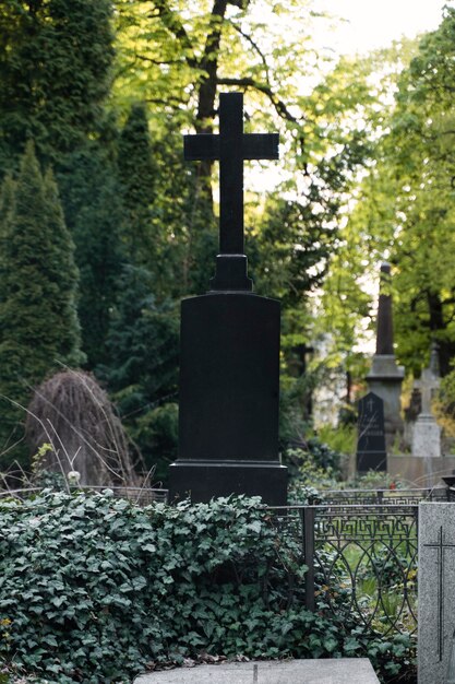 Gezicht op een begraafplaats met grafstenen