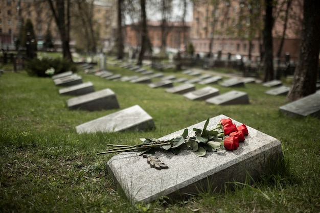 Gezicht op grafsteen met bloemen