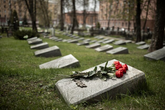 Gezicht op grafsteen met bloemen