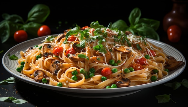 Gezond eten van zelfgemaakte vegetarische pasta met verse tomatensaus gegenereerd door kunstmatige intelligentie