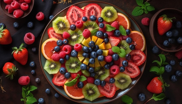Gezonde fruitsalade met bessen, aardbeien en kiwi gegenereerd door AI