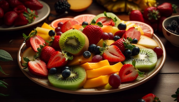 Gratis foto gezonde fruitsaladevariatie op houten tafel gegenereerd door ai