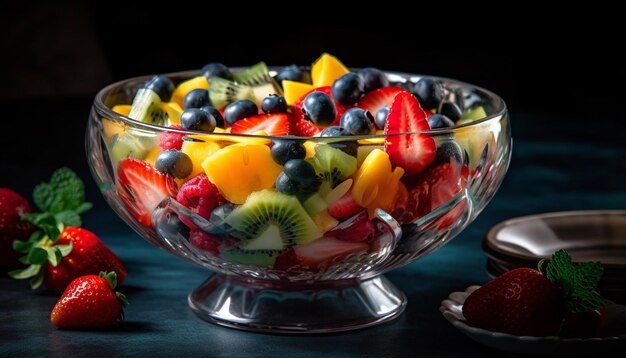 Gezonde gastronomische fruitsalade op houten tafel gegenereerd door AI