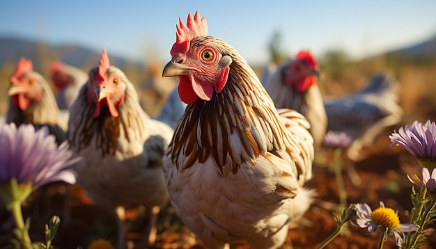 Gratis foto gezonde kippen grazen in een levendige organische weide onder de zon gegenereerd door kunstmatige intelligentie