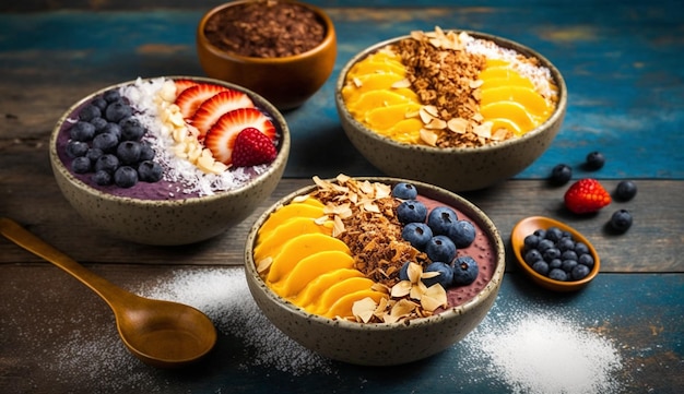 Gezonde kom Bosbessen yoghurt granola havermout dessert op hout generatieve AI