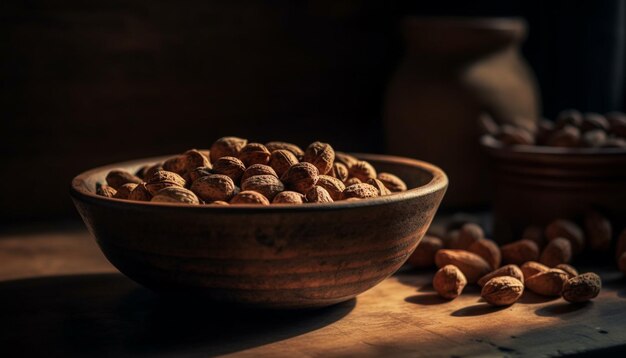 Gezonde snackkom met noten, zaden en fruit gegenereerd door AI