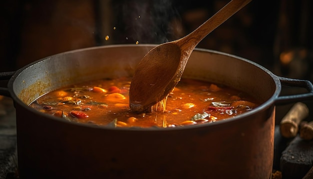 Gratis foto gezonde soep koken in rustieke keukenbraadpan gegenereerd door ai