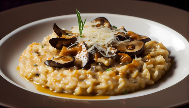 Gezonde vegetarische risotto met verse eetbare paddenstoelen gegenereerd door ai