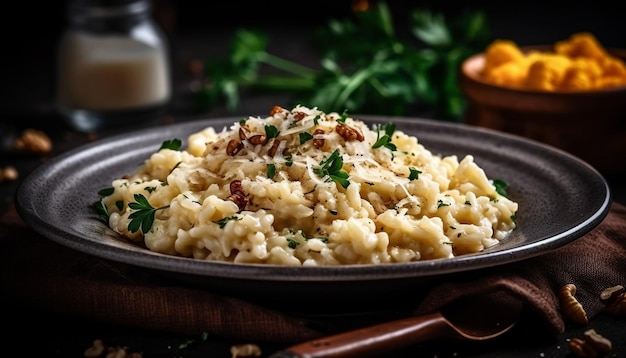 Gezonde vegetarische risotto met verse peterselie garnituur gegenereerd door AI