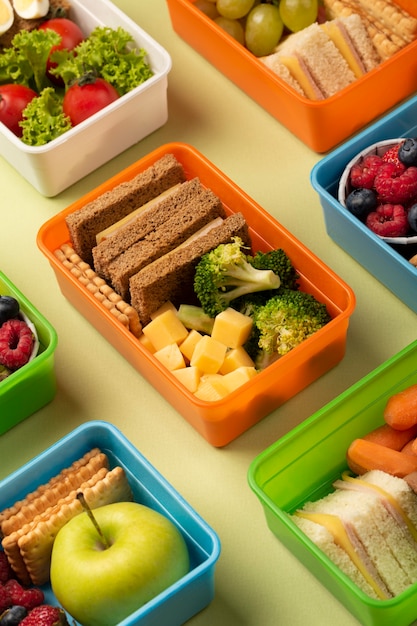 Gezonde voeding lunchboxen hoge hoek