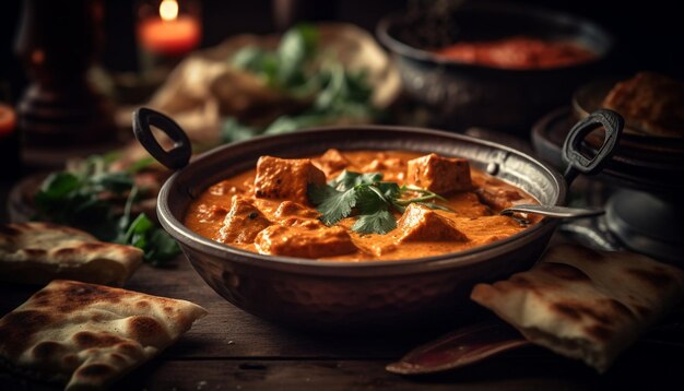 Gezonde zelfgemaakte maaltijd beef curry met naan gegenereerd door AI