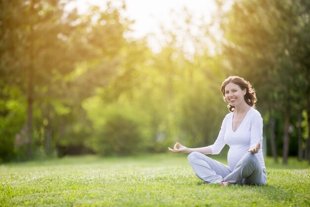 Gezonde zwangere vrouw op meditatie sessie op natuur locatie