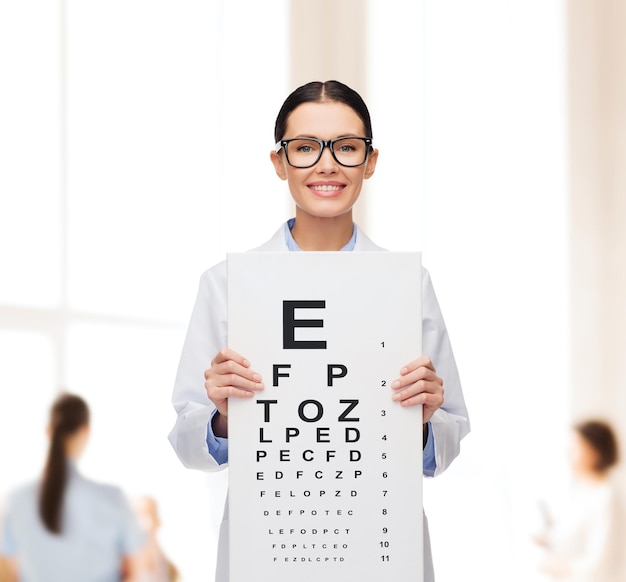 Gezondheidszorg, reclame en geneeskundeconcept - glimlachende vrouwelijke arts in oogglazen met ooggrafiek