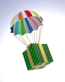 Gift box vliegen op parachute. 3d digitaal gegenereerde afbeelding.
