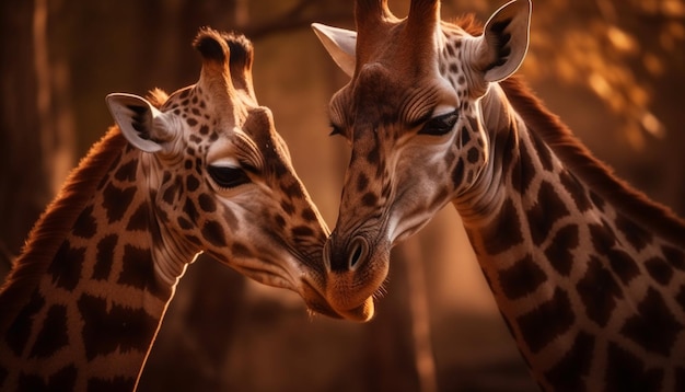 Giraffe familie zoenen in de Afrikaanse savanne gegenereerd door AI