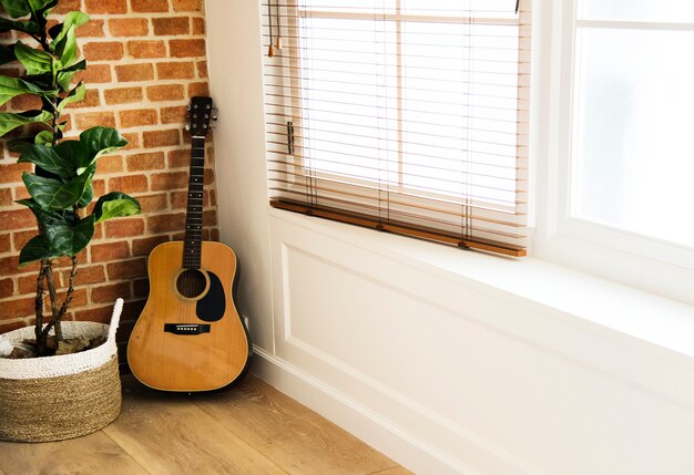 Gitaar en plantpot in woonkamer