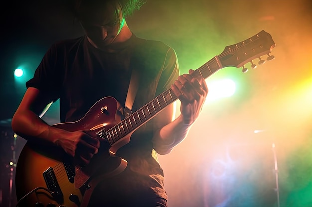 Gratis foto gitarist die gitaar speelt in een concert verlicht met neonlichten ai generatief