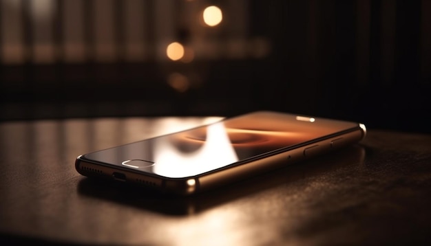 Glanzend touchscreen op houten tafel verlicht kamer generatieve AI