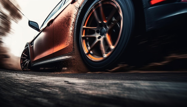 Glanzende sportwagensnelheden over nat asfalt gegenereerd door AI