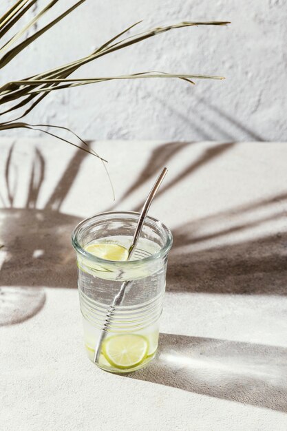 Glas water met schijfjes citroen op tafel