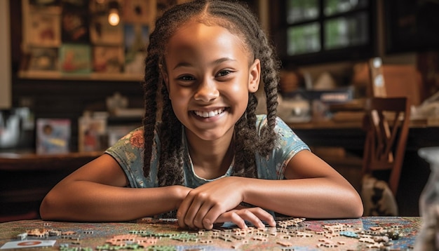 Glimlachend Afrikaans meisje dat binnenshuis speelt en leert, gegenereerd door AI